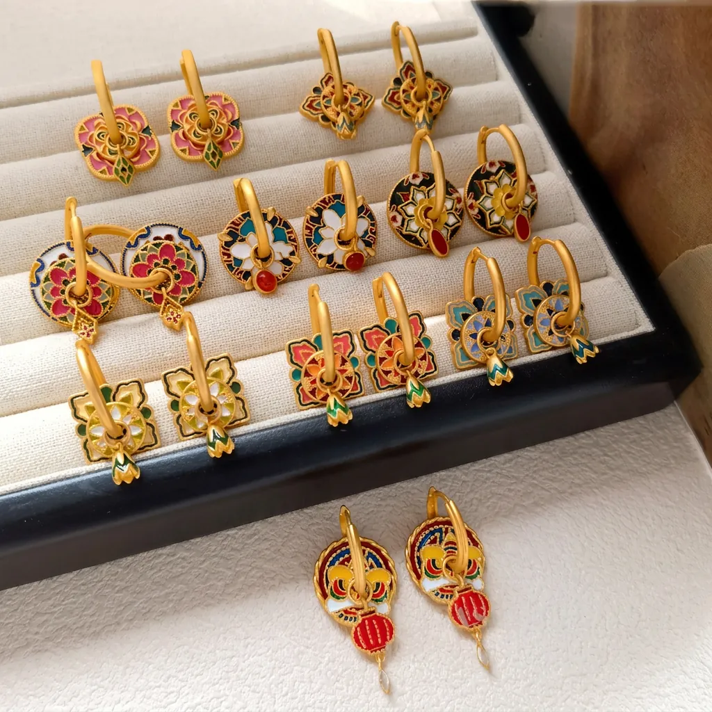 Vintage Chinese Style Enamel Painted Hoop Earrings Copper Jewelry Ethnic Flower Pattern Jewelry For Women Retro Accessories