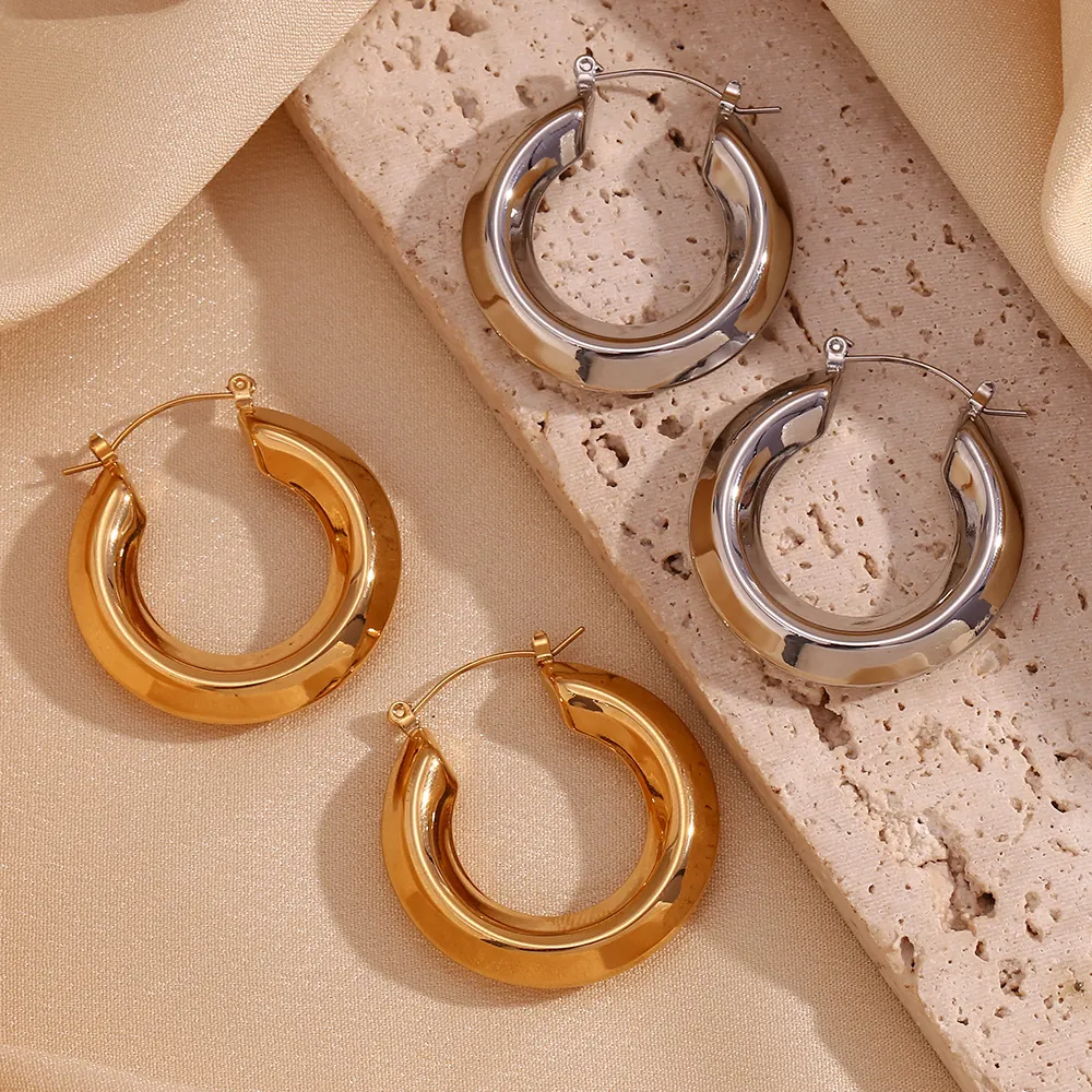 Orecchini a Cerchio Spessi in Acciaio Inossidabile Minimalista per Donna Placcati Oro 18K Cavi Lucidi Gioielli Geometrici