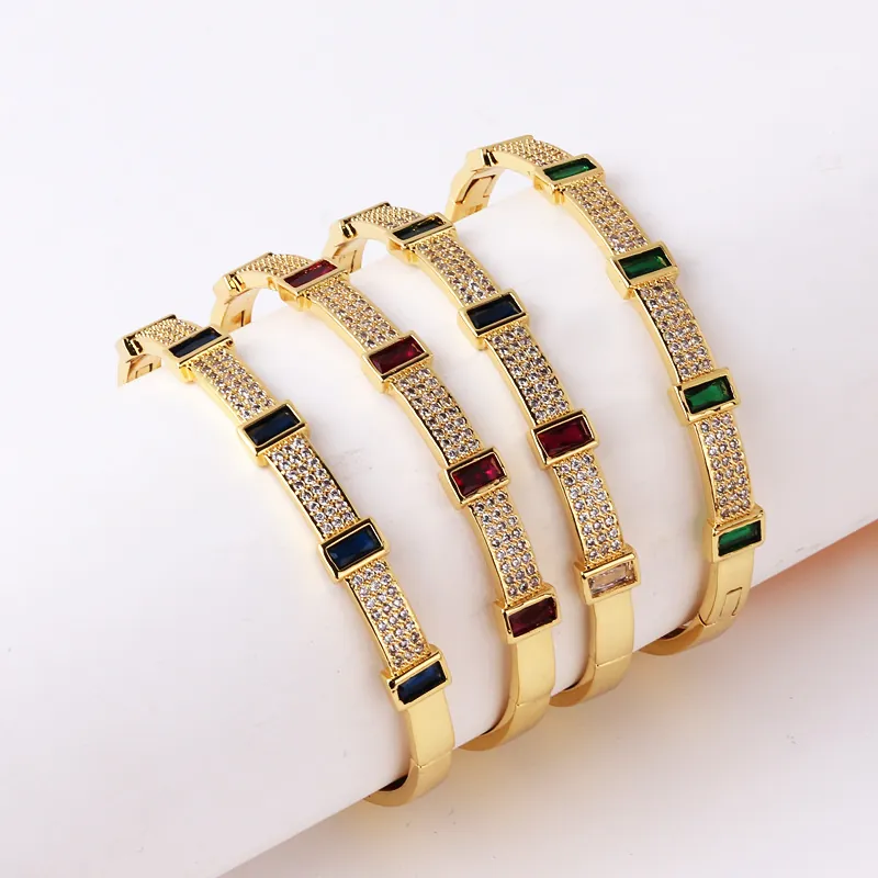 Geometric Bangle Bracelet Gold Plated Copper Rectangular Colorful Zircon Micro Pave French Fashion Jewelry For Women