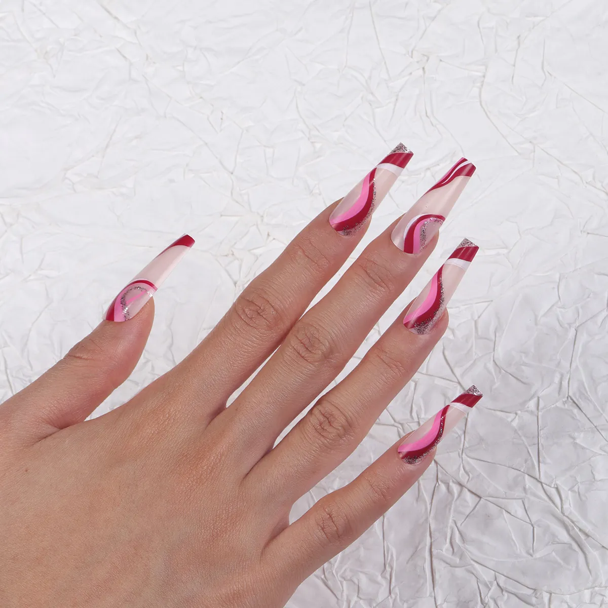 Long Coffin ABS Press On Nails Ballerina False Nails Wave Swirl Pattern Silver Glitter Pink Red Nude Artificial Fingernails