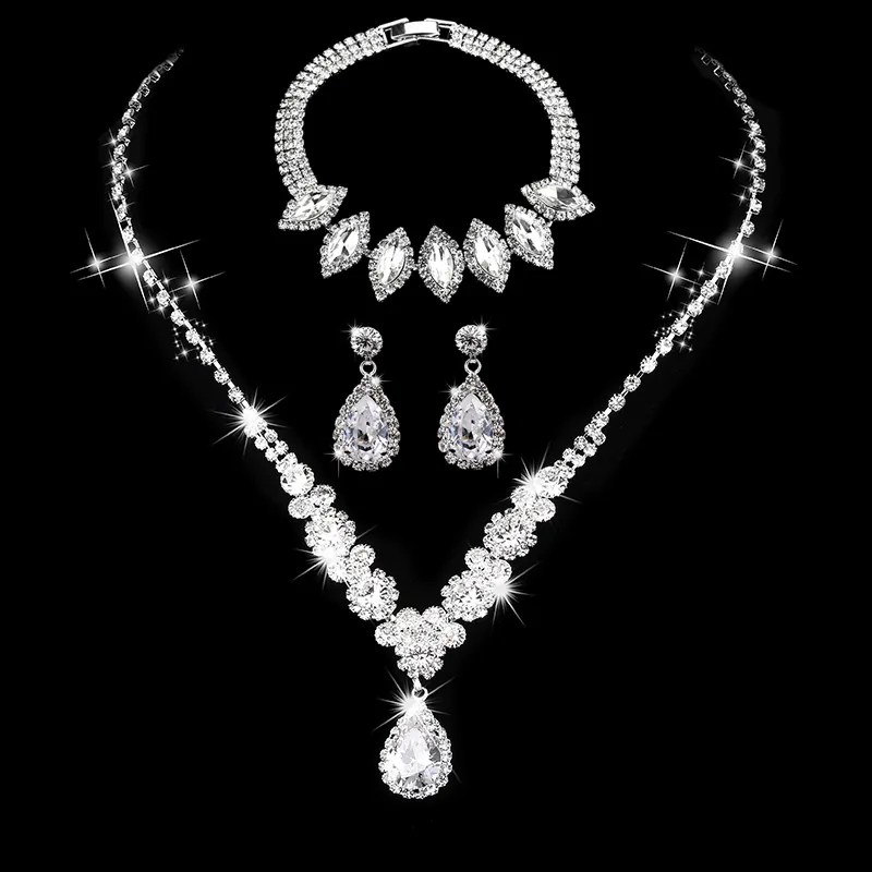 Bridal Jewelry Set Copper Shiny Zircon Rhinestone Water Drop Necklace Earrings Bracelet Ring For Women Wedding Party