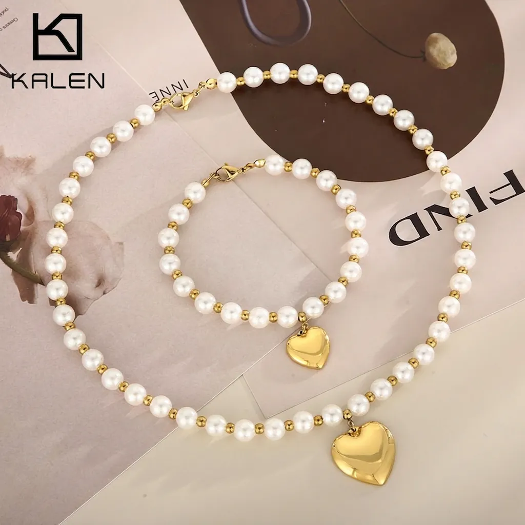 Collier Et Bracelet En Acier Inoxydable Avec Künstliche Perles D'imitation Et Pendentif Coeur Poli Bijoux Pour Femmes