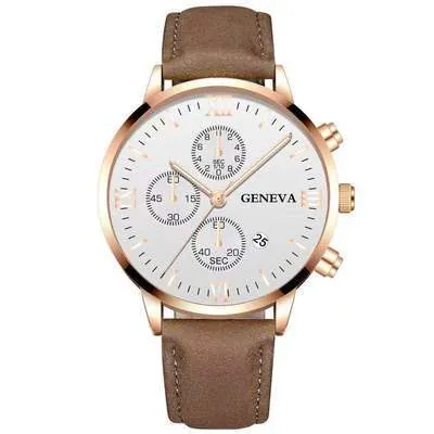 Men Quartz Watch Alloy Case Leather Strap Roman Numerals Date Display Business Casual Wristwatch Analog Sport