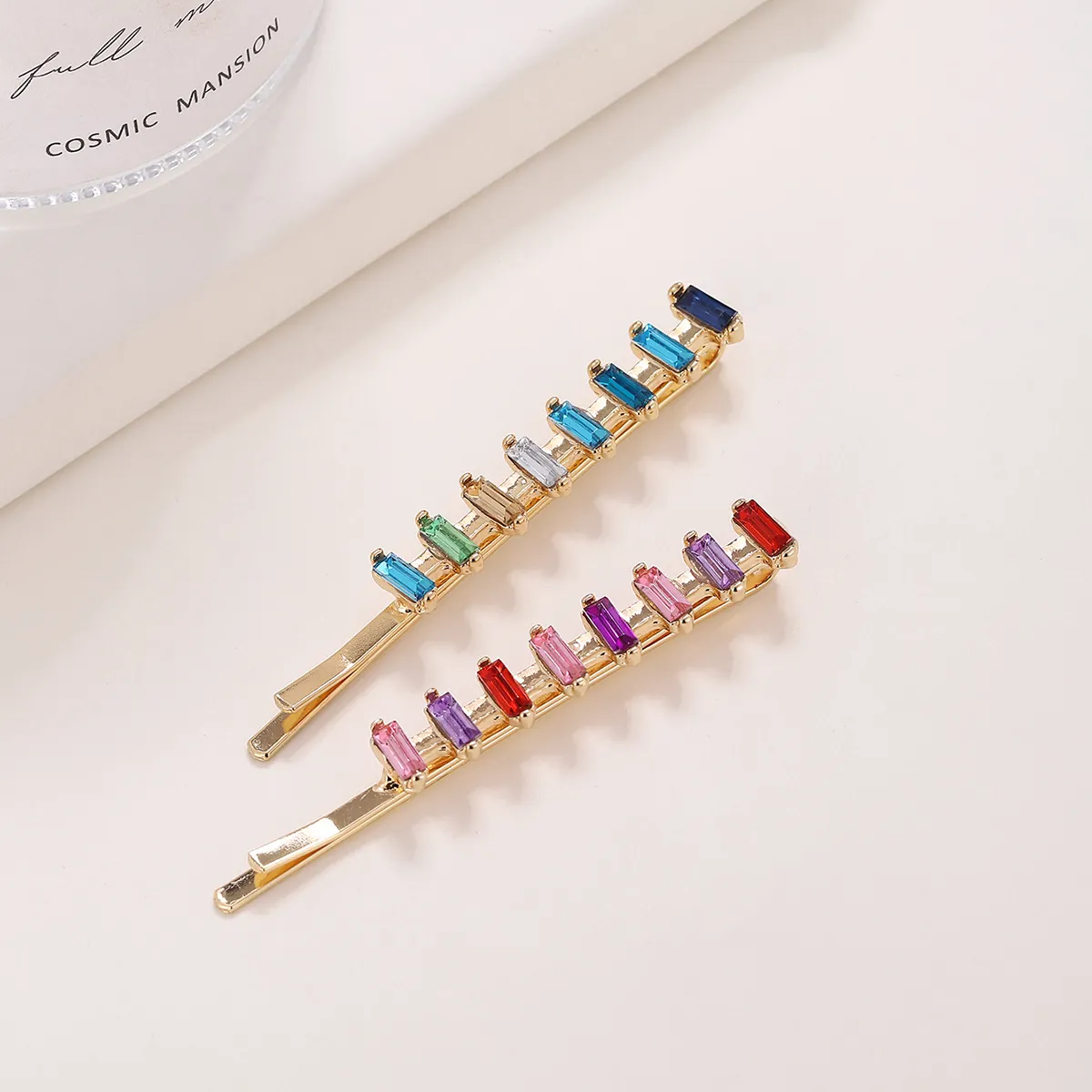 Shiny Colorful Glass Rhinestone Hair Clips Alloy Gold Plated Rectangular Crystal Bobby Pins Fashion Side Clips Women
