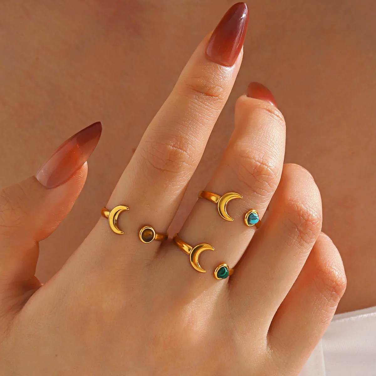 Moon Open Ring Stainless Steel With Natural Stone Turquoise Malachite Tiger Eye Adjustable Bohemian Fashion Jewelry