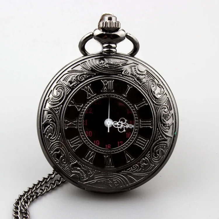 Men Retro Pocket Watch Necklace Alloy Carved Flower Roman Numeral Quartz Movement Vintage Pendant Jewelry Accessory