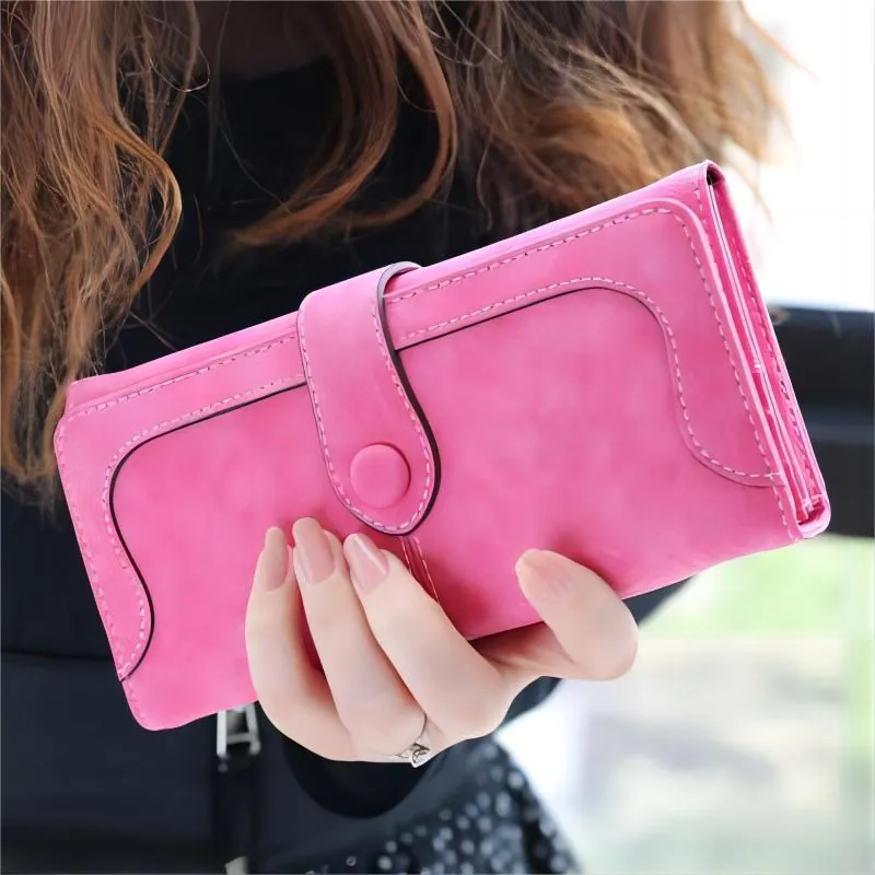 Cartera Larga Mujer Cuero PU Esmerilado Vintage Bolso De Mano Porta Tarjetas Cierre A Presión Compartimento Múltiple