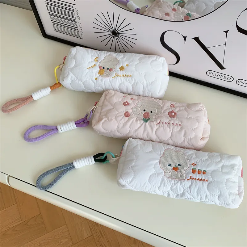 Cute Cartoon Rabbit Bear Embroidered Quilted Pencil Case Makeup Bag Large Capacity Portable Storage Pouch With Woven Lanyard For Students Women