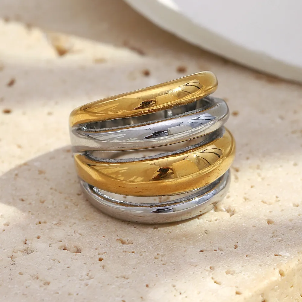 Multi-Layer Two-Tone Ring Stainless Steel 18K Gold Plated Wide Band Geometric Jewelry For Women Simple Niche Style