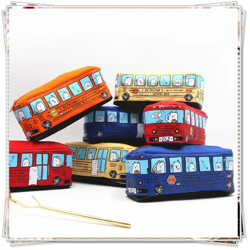 Creative School Bus Shaped Pencil Case Canvas Stationery Bag With Zipper Cartoon Animal Print For Students Kids