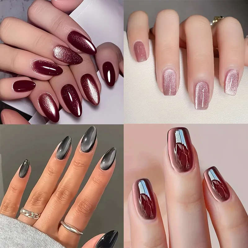 Press On Nails Cat Eye Magnetic Shimmer Elegant Solid Color Artificial Nails For Women ABS Plastic Jelly Glue