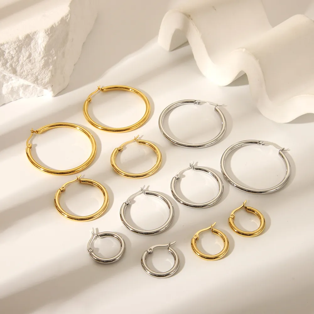 Boucles D'oreilles Créoles En Acier Inoxydable Rond Géométrique Plaqué Or PVD Étanche Hypoallergénique Mode Femmes Bijoux