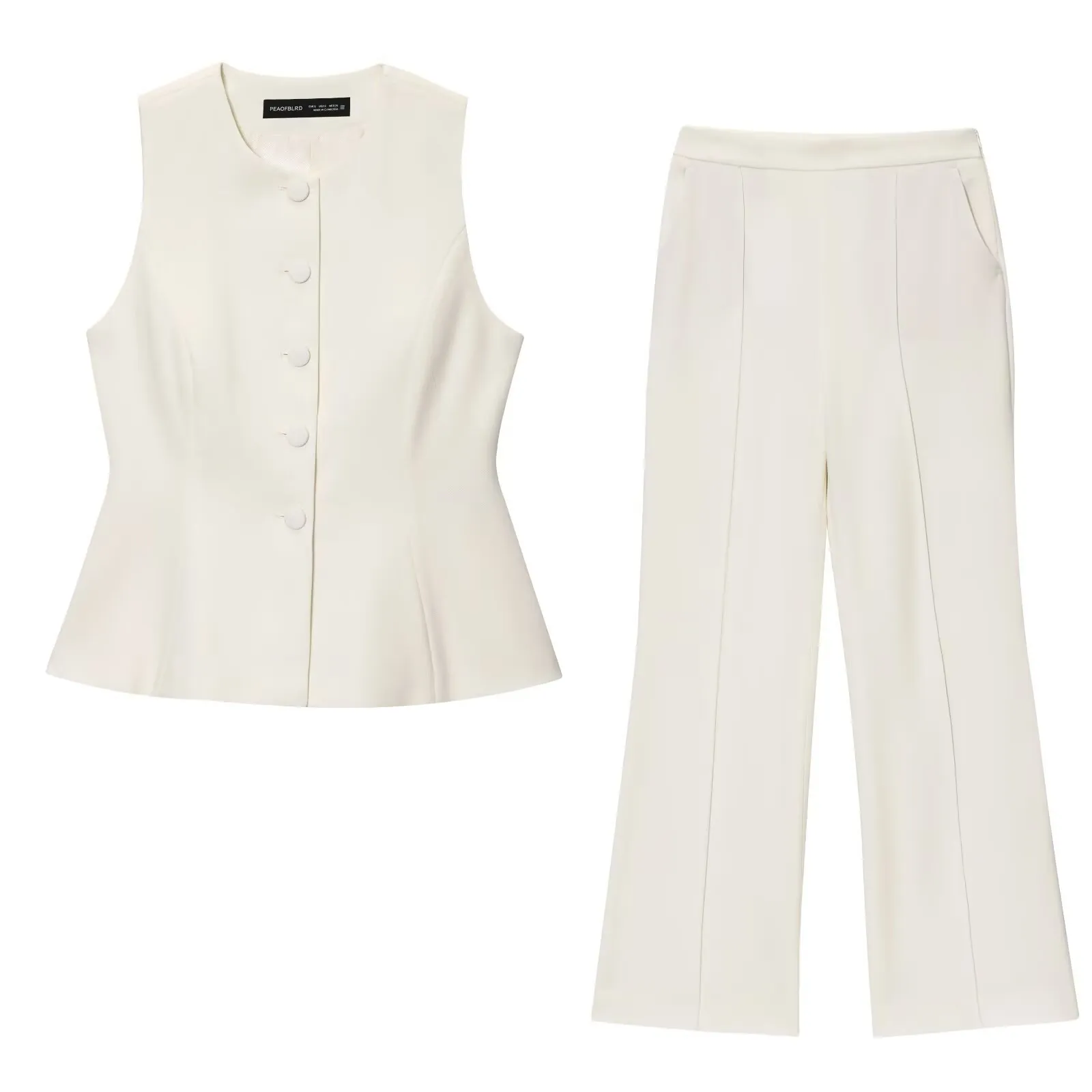 Damen Chic Off White Ärmellose Schößchen Weste Und High Waist Weite Hose Elegant Commuter Anzugstoff