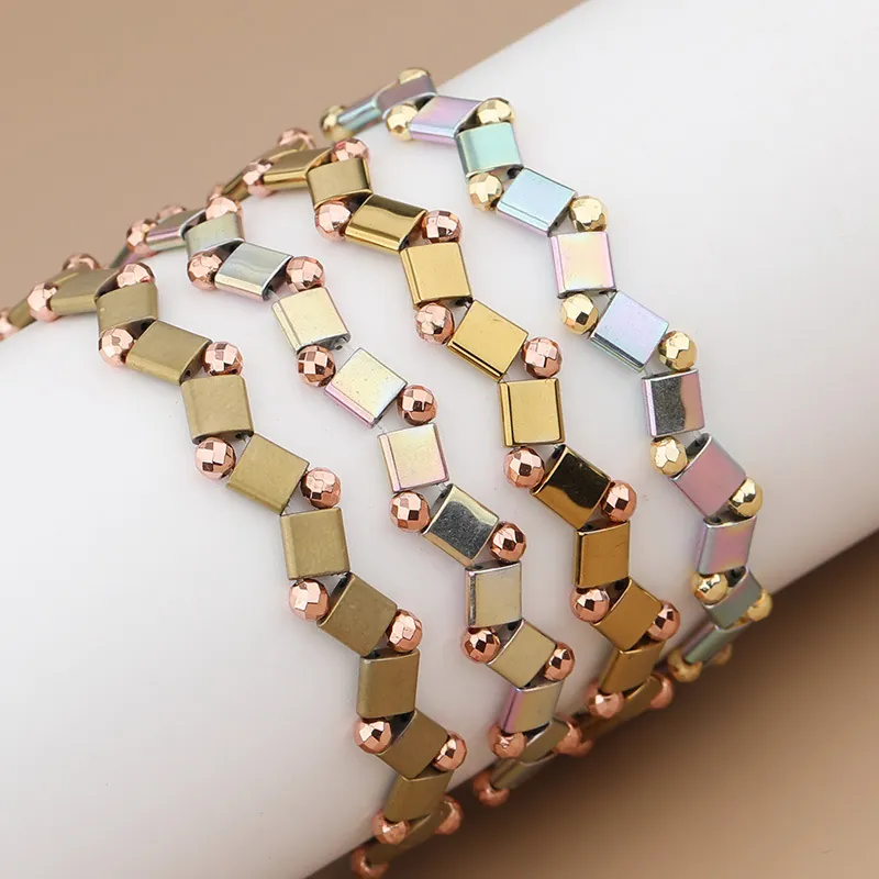 Bohemian Geometric Tila Bead Bracelet For Women Lacquered Alloy Multi Color Stretchy Stackable Beaded Wristband Jewelry