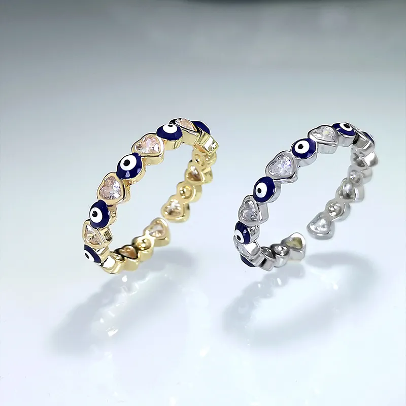 Heart Evil Eye Open Ring Copper With Zircon And Blue Enamel Adjustable Jewelry For Women Retro Ethnic Style
