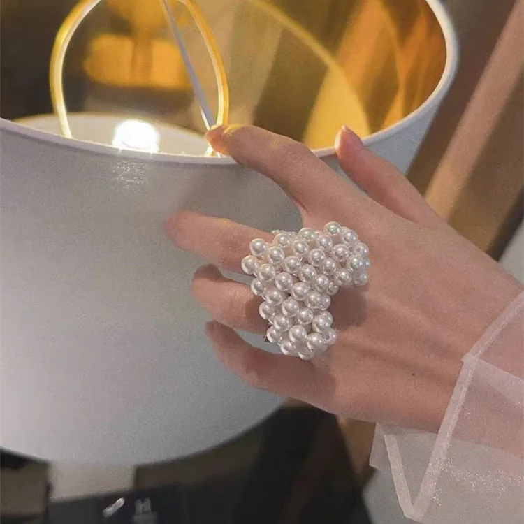 Handmade Woven Imitation Artificial Pearl Rings Oversized Heart Bowknot Statement Jewelry Japanese Sweet Style For Women