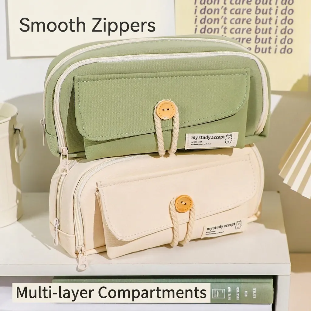 Large Capacity Pencil Case Canvas Multi Layer Stationery Bag Wooden Button Simple Aesthetic Organizer For Students