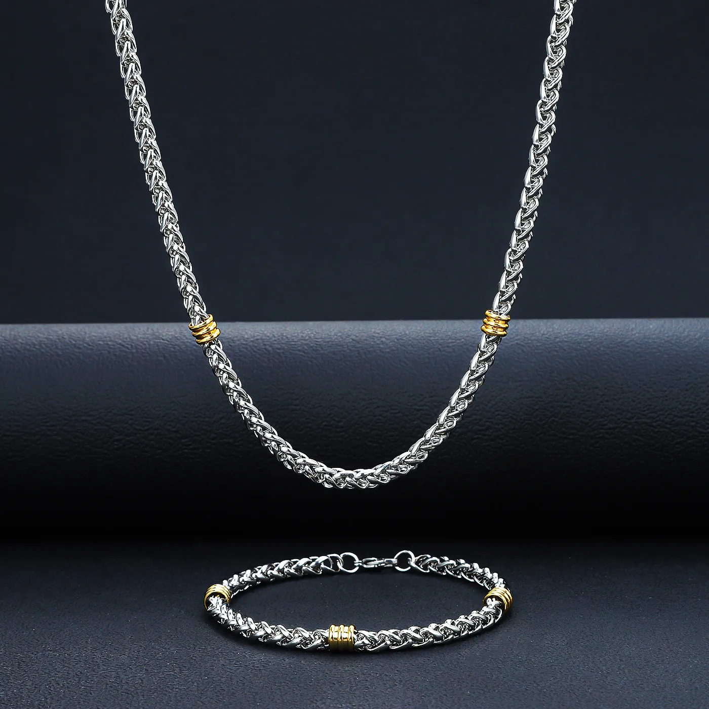 Set Collana E Bracciale In Acciaio Inossidabile Bicolore Argento Oro Catena Di Grano Gioielli Trendy Per Uomo Donna