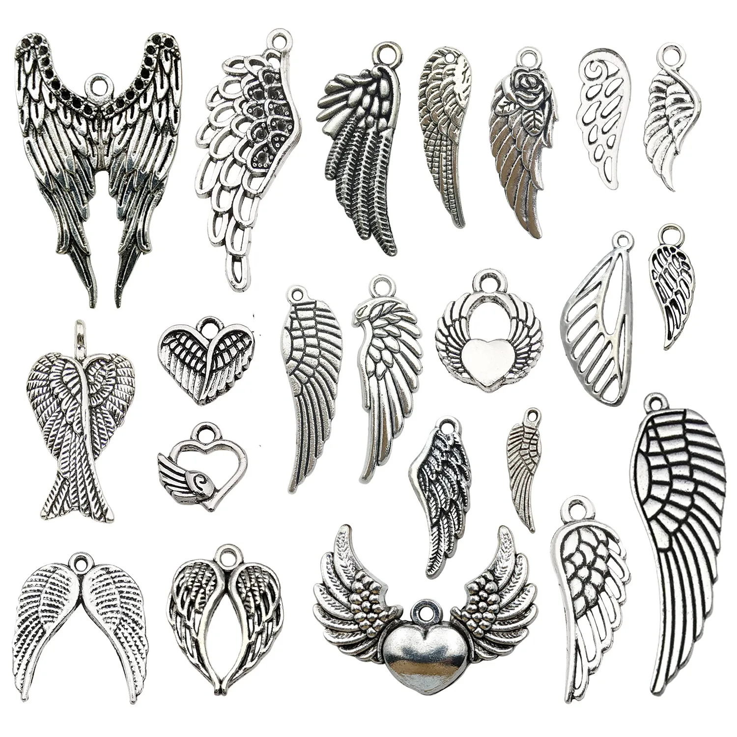 Vintage Zinc Alloy Angel Wing Pendants Antique Silver Feather Wings Heart Charms For DIY Jewelry Making Necklace Bracelet Accessory