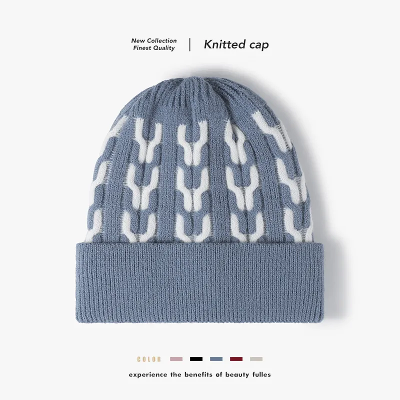 Winter Knitted Beanie Hat Thickened Fleece Lined Warm Jacquard Pattern Imitation Cashmere Folded Cuff Fashion Unisex Cap