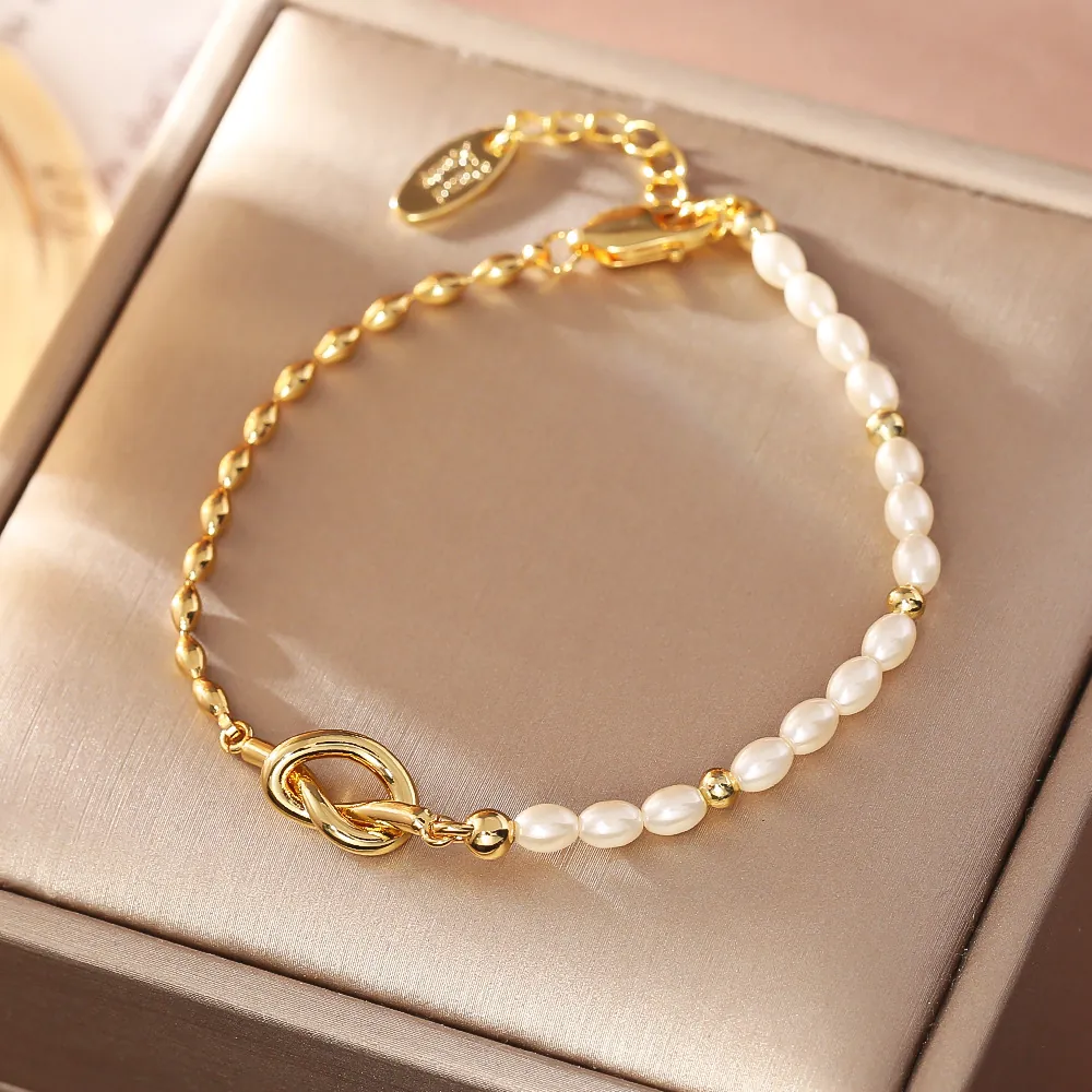 Handmade Asymmetric Artificial Pearl Bracelet With Gold Plated Metal Knot Accent And Adjustable Extension Chain For Women
