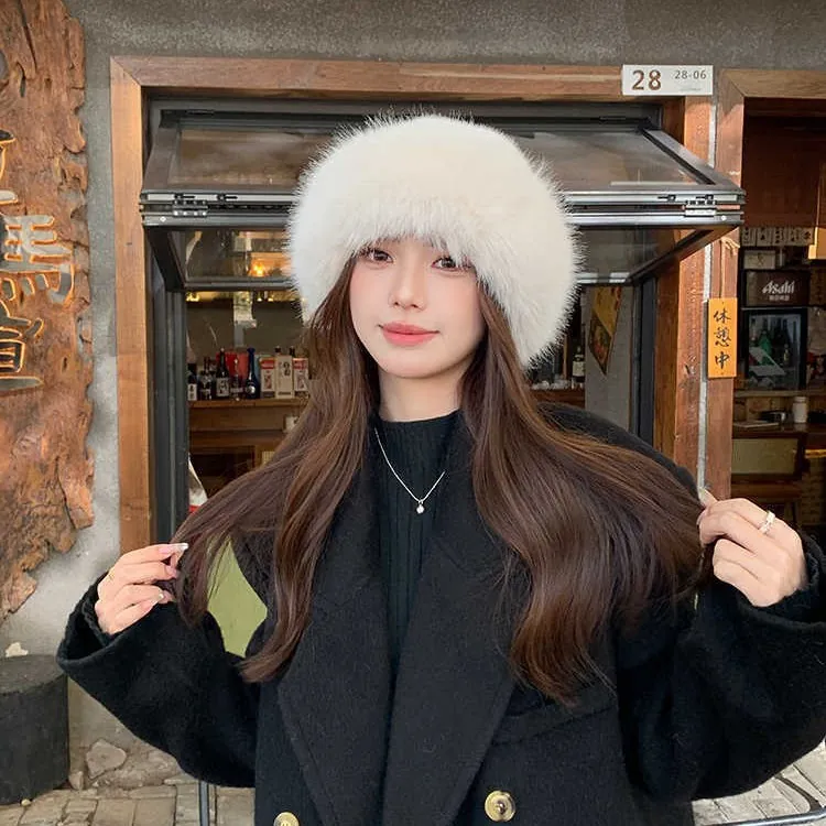 Women Faux Fur Bucket Hat Thickened Warm Winter Mongolian Style Round Top Plush Solid Color Windproof