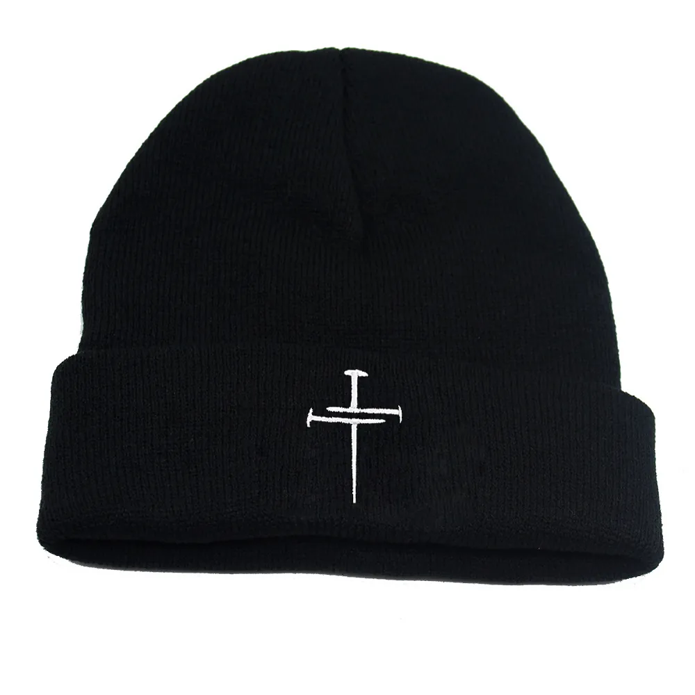 Embroidered Cross Knit Beanie For Men Women Autumn Winter Warm Acrylic Outdoor Fashion Solid Color Skull Cap Cold Hat