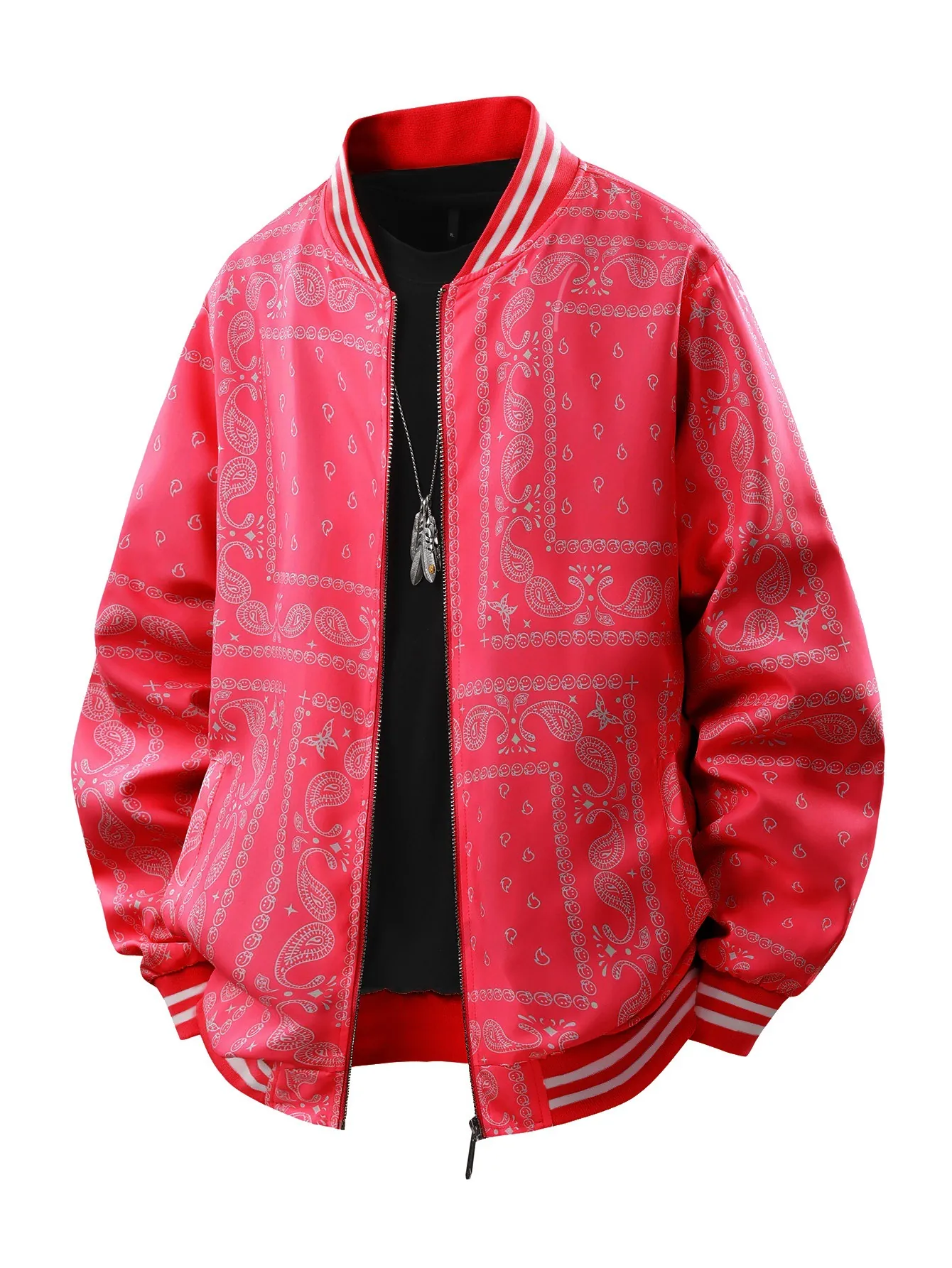 Veste Bomber Homme Imprimé Paisley Bandana Streetwear Blouson Varsity Fermeture Éclair Outwear Polyester Léger Style Rétro Hip Hop