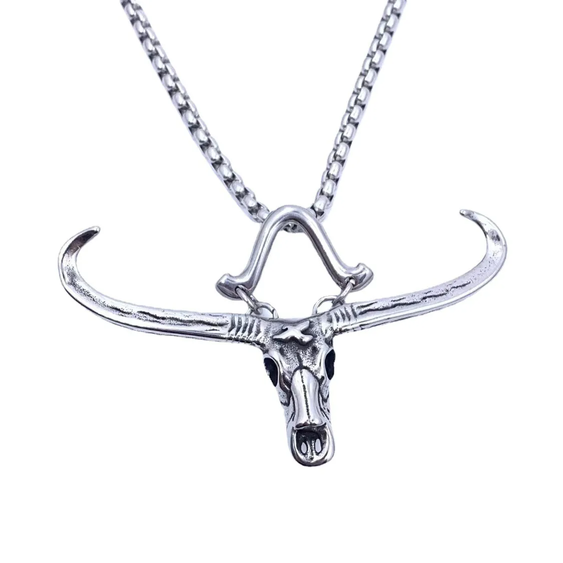 Vintage Bull Head Skull Pendant Necklace For Men Stainless Steel Long Horn Distressed Gothic Hip Hop Jewelry