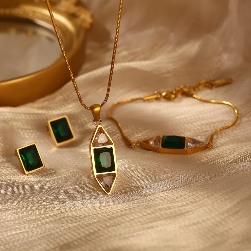 Collier Bracelet Et Boucles D'oreilles Pierre Précieuse Vert Émeraude Acier Inoxydable Losange Géométrique Bijoux Femmes