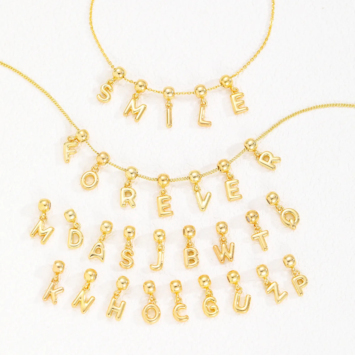 18K Gold Plated Copper 3D Bubble Letter Pendant Necklace Initial Alphabet Balloon Style Tiny Cute Jewelry