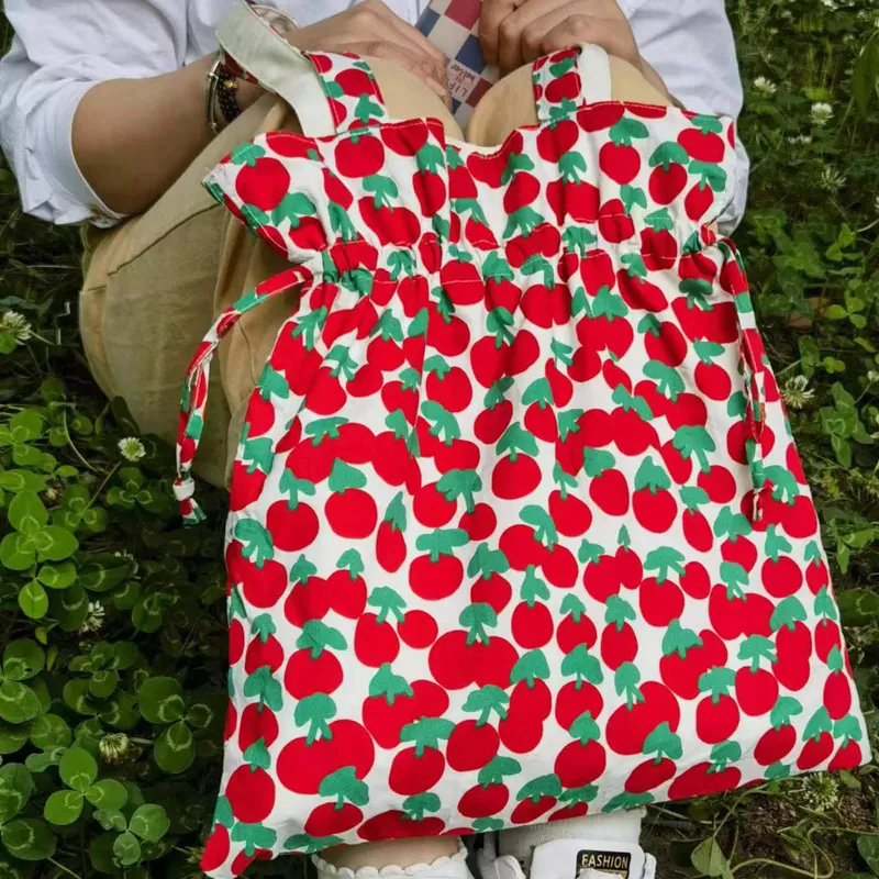 Bolso De Hombro De Lona Con Cordón Algodón Gran Capacidad Estampado Frutas Bolsa De Compras Para Mujer Ligero Portátil