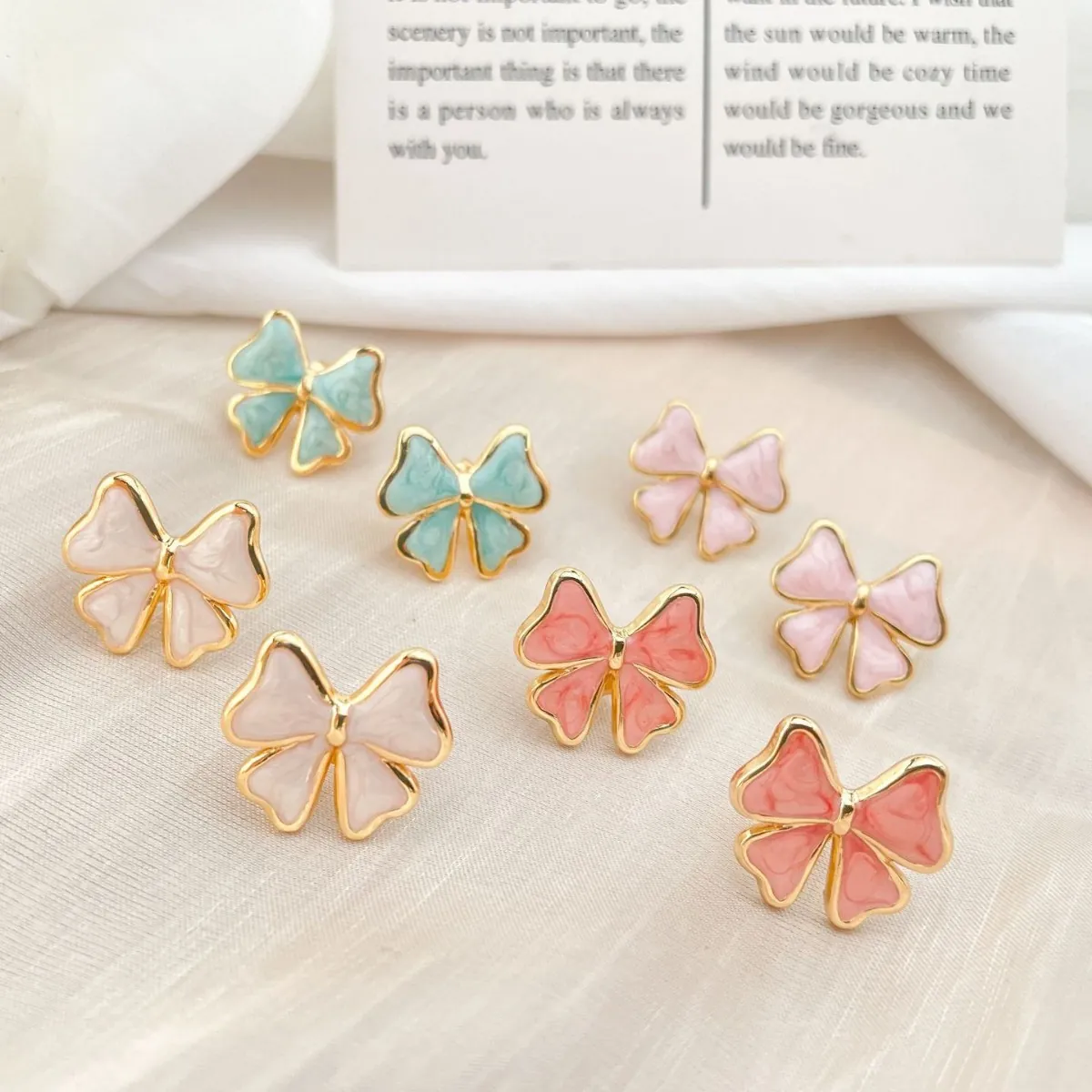 Bow Stud Earrings Stainless Steel 18K Gold Plated Enamel Marble Texture Elegant Fashion Jewelry Women Gift