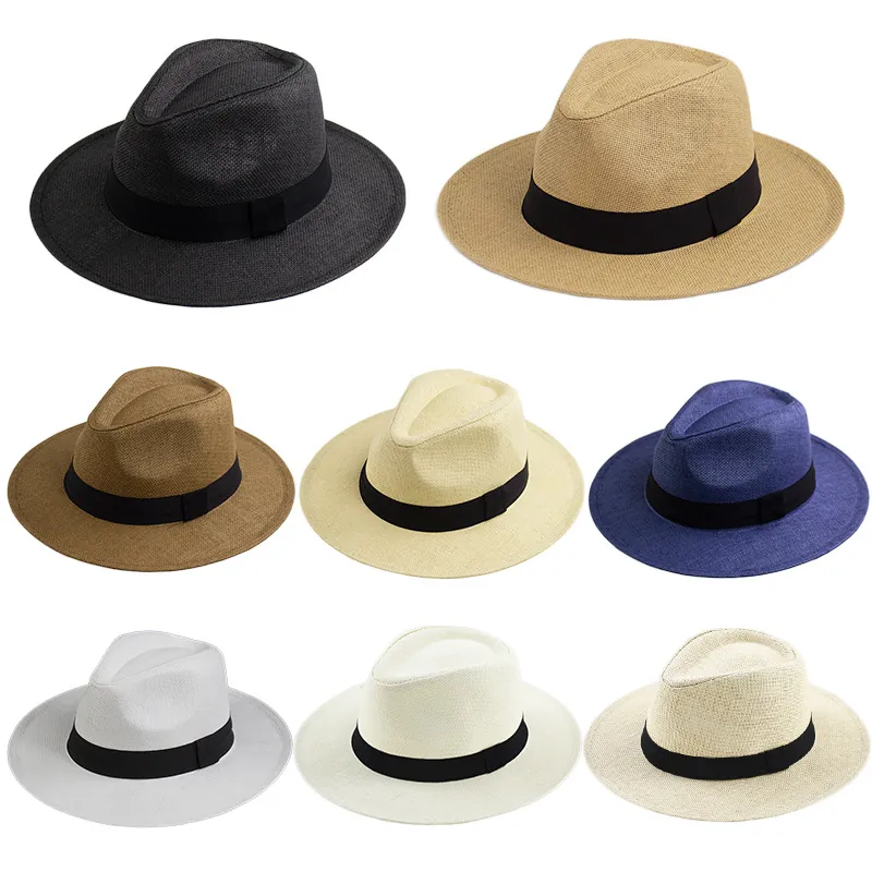 Chapeau Fedora Large Bord Paille De Papier Protection Solaire Plage Été Style Panama Unisexe Vintage Avec Ruban Noir