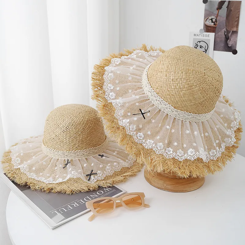 Chapeau De Paille Femme Avec Dentelle Et Nœud Respirant Large Bord Style Vacances Plage Été