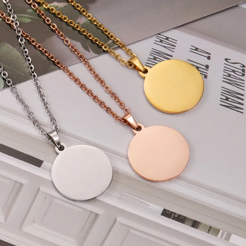 Stainless Steel Round Pendant Necklace Minimalist Mirror Polished Circle Tag DIY Long Box Chain Necklace Unisex Jewelry Gift
