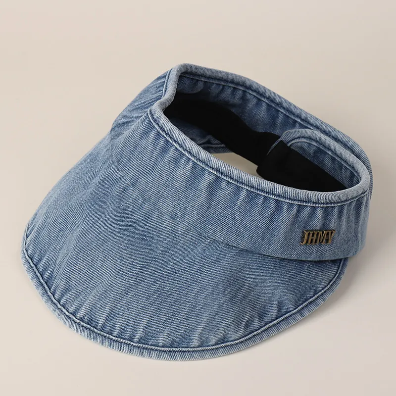 Retro Denim Sun Visor Hat Vintage Adjustable Cotton Empty Top Cap Wide Brim Foldable Breathable Summer Beach Outdoor