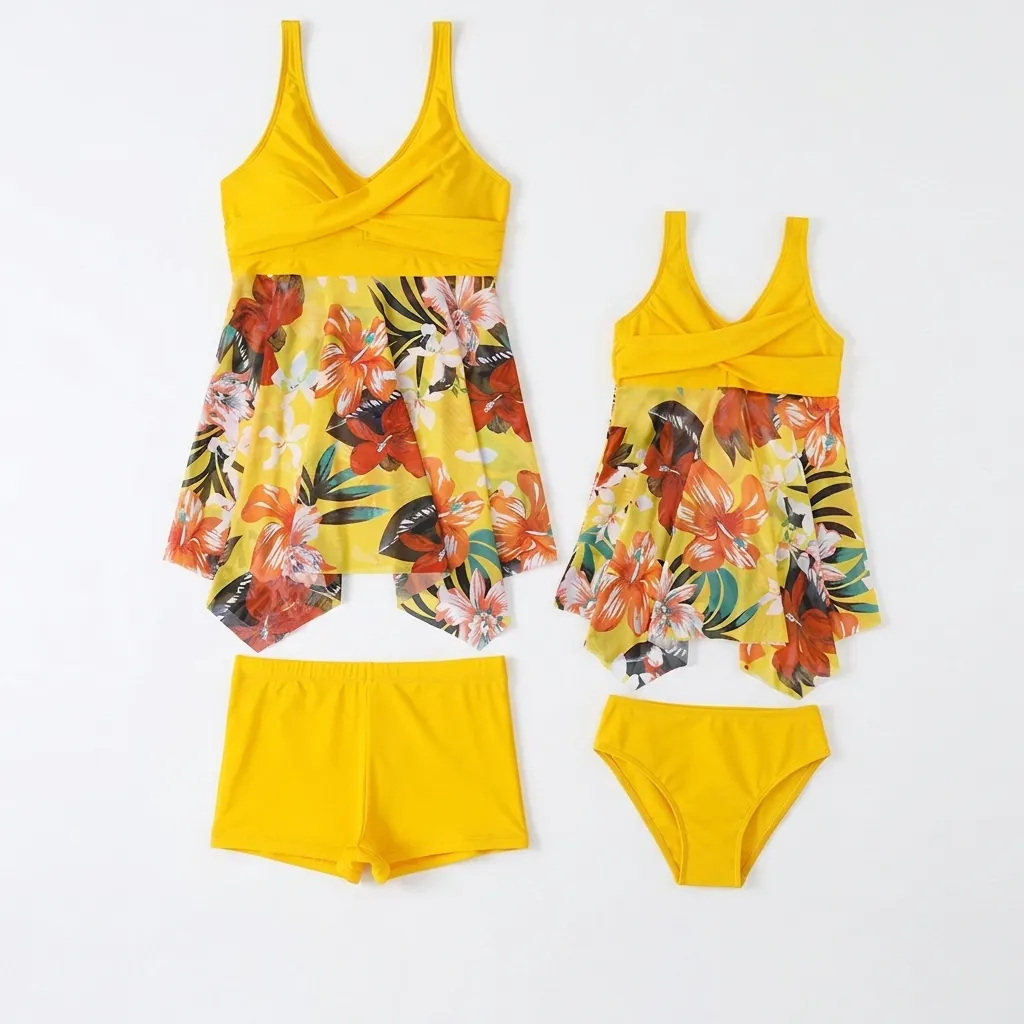 Parent Child Matching Swimwear Nylon Tropical Floral Print Cross V-Neck Asymmetric Hem Tankini Mother Daughter Beachwear