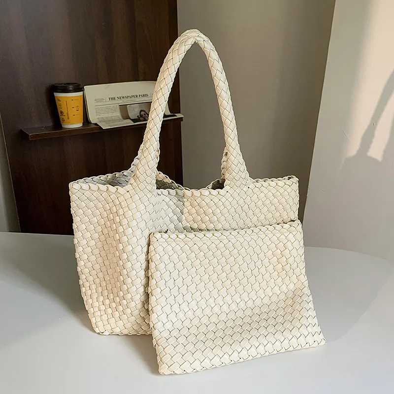 Woven Tote Bag Large Capacity PU Leather Handbag With Inner Pouch Elegant Shoulder Bag For Women Fashionable Casual