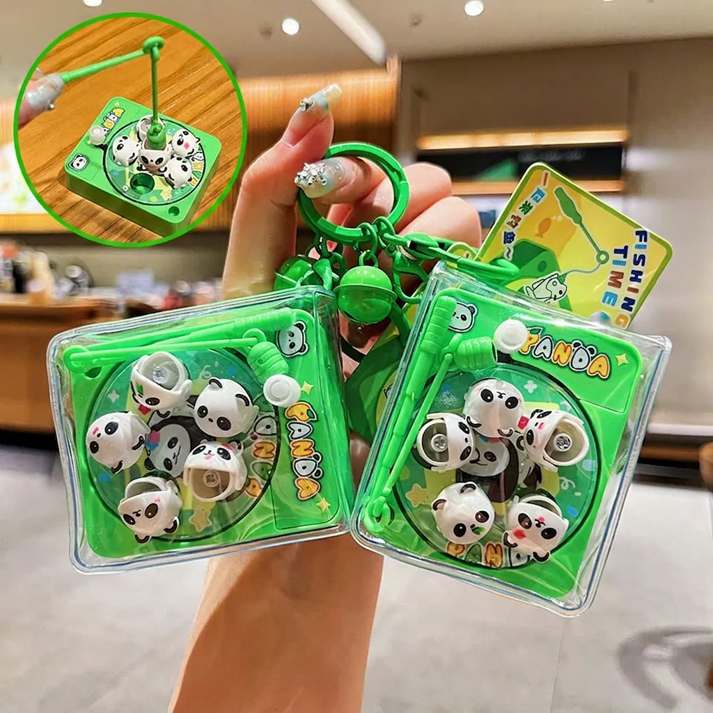 Cute Panda Fishing Game Keychain Cartoon PVC Plastic Mini Rotating Toy Backpack Pendant With Bell Kids Student Gift Green