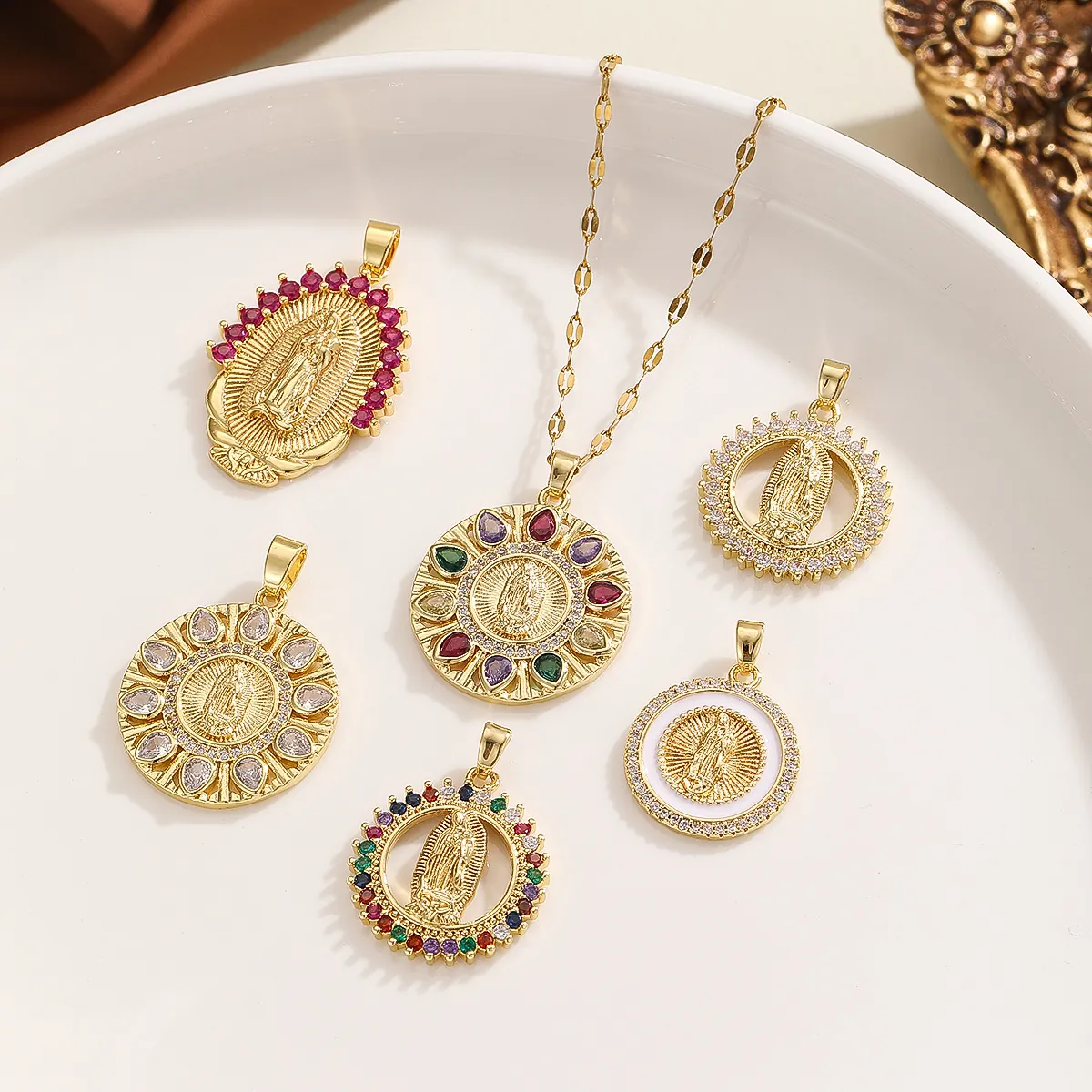 Virgin Mary Pendant Necklace Copper Micro Pave Colorful Zircon Religious Virgin Of Guadalupe Jewelry For Women Trendy
