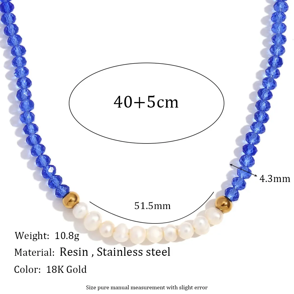 Vintage Stainless Steel Beads Freshwater Pearl Necklace For Women Blue Faceted Artificial Crystal Handmade Beaded Jewelry