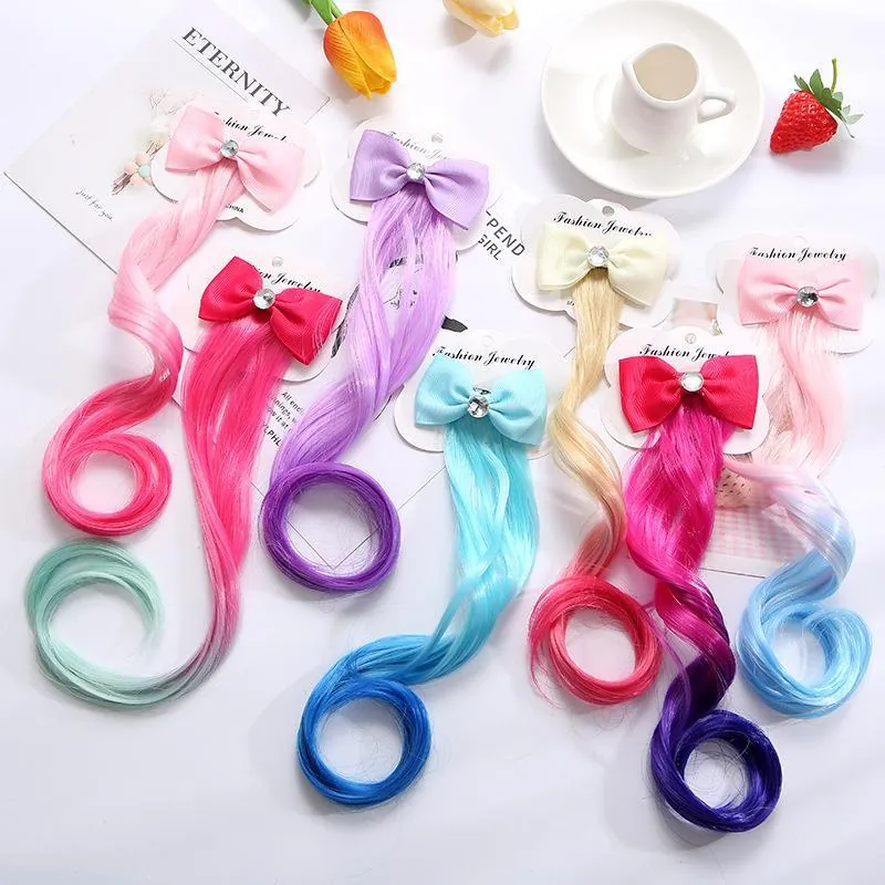 Estensioni Capelli Bambina Fermagli Fiocco Sintetico Riccio Sfumato Strass Accessori Principessa Cosplay Per Ragazze