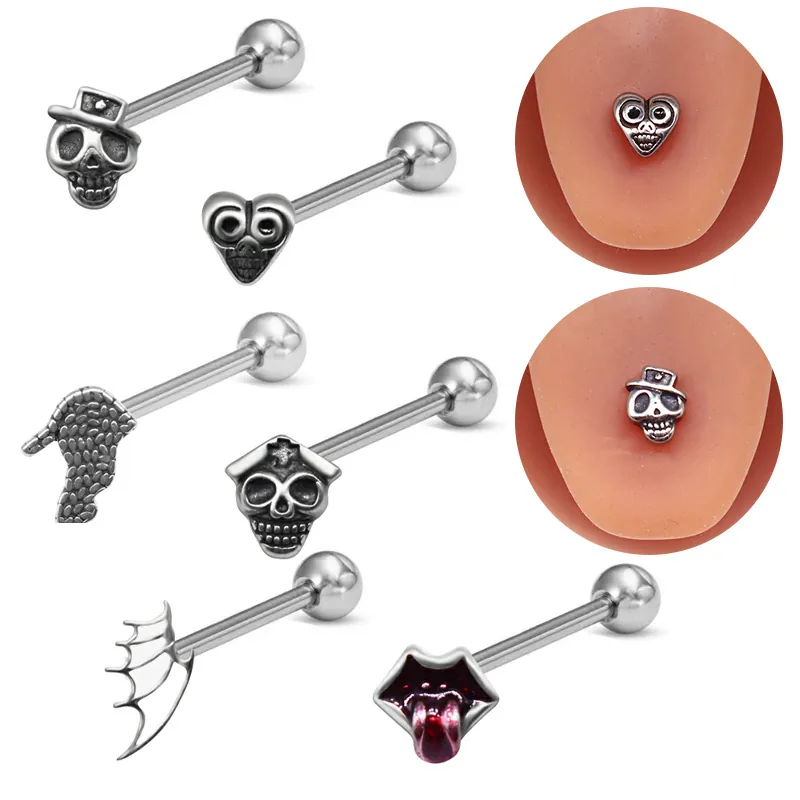 Gothic Tongue Ring Stainless Steel Barbell Skull Heart Bat Wing Punk Body Piercing Jewelry For Men And Women