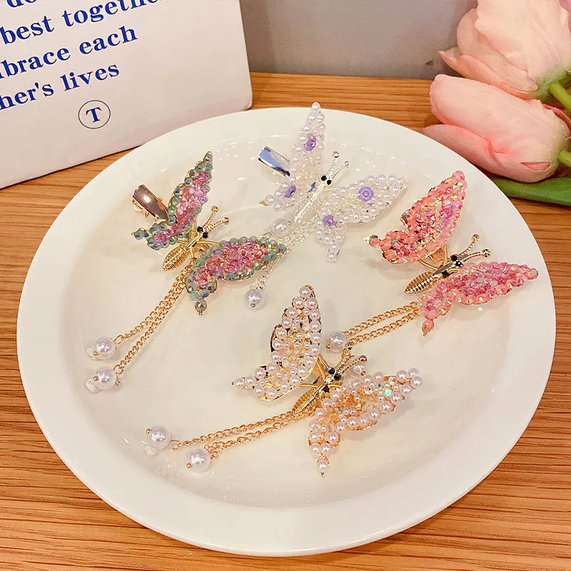 Butterfly Hair Clips Alloy Rhinestone Faux Artificial Pearl Tassel Drops For Girls Hanfu Princess Style