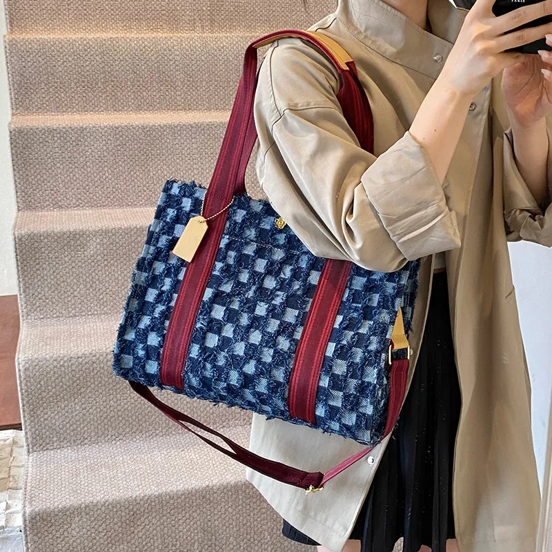 Large Capacity Denim Tote Handbag Checkerboard Fringe Contrast Red Webbing Strap Shoulder Bag Women Casual Travel