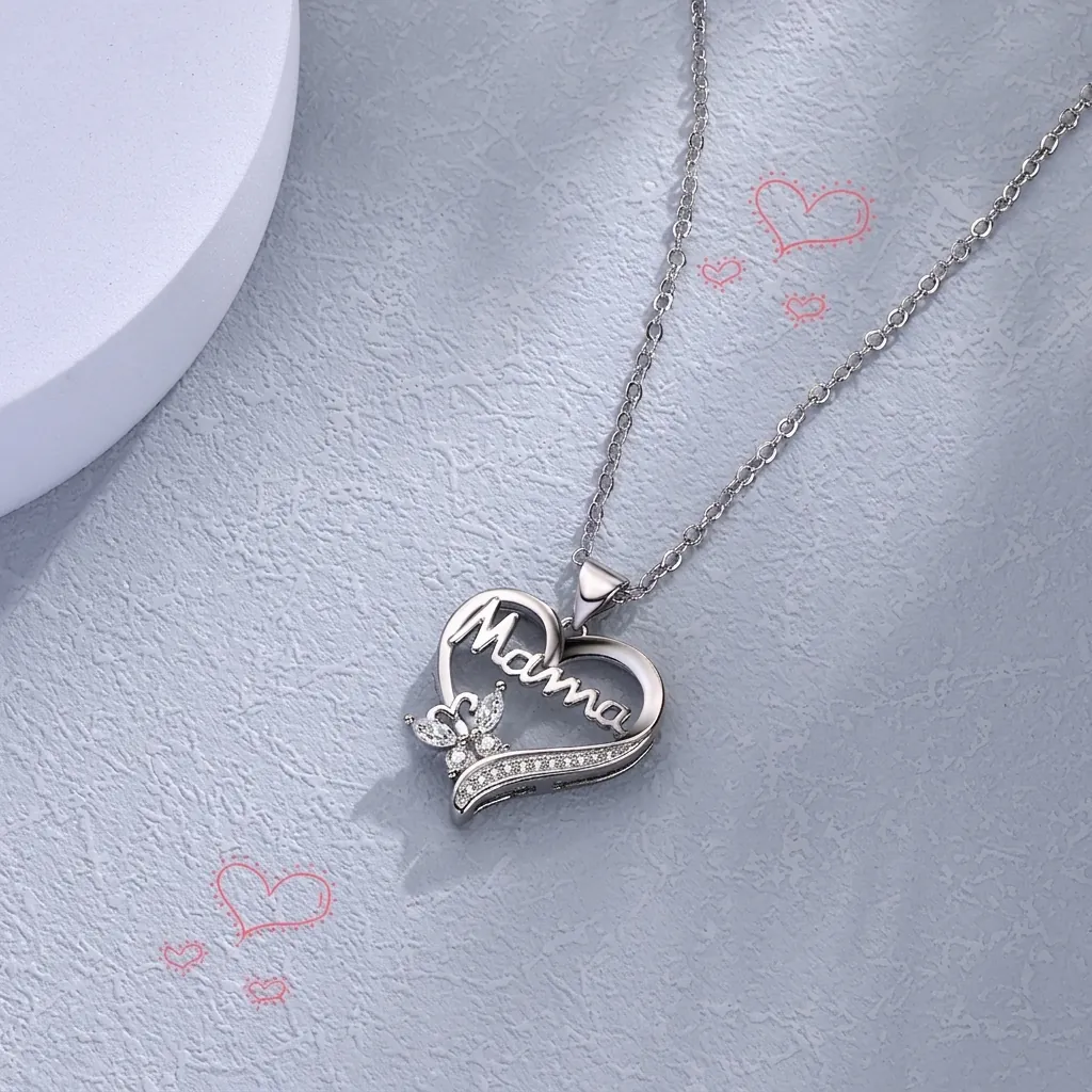 Mama Heart Butterfly Pendant Necklace Copper Rhinestone Inlaid Clavicle Chain Jewelry Mothers Day Gift For Women Silver Tone