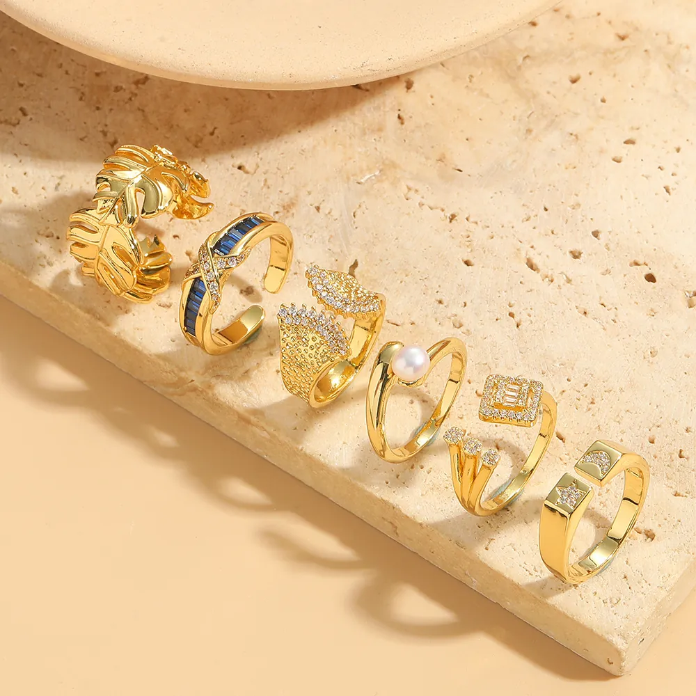Vintage Luxury Adjustable Open Ring Copper With Zircon And ABS Artificial Pearl Geometric Leaf Star Moon For Women