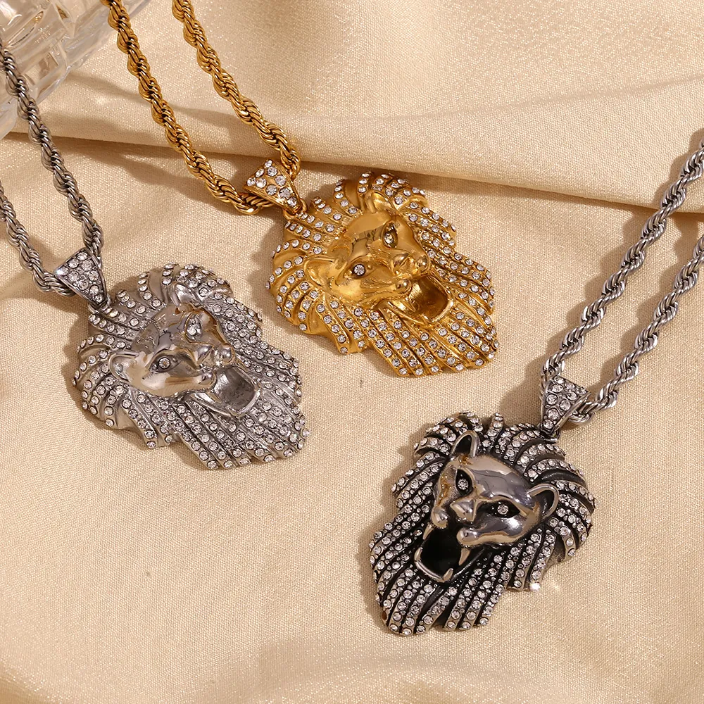 Collier Pendentif Tête De Lion Hip Hop Acier Inoxydable Plaqué Or 18K Strass Chaîne Torsadée Bijoux Homme