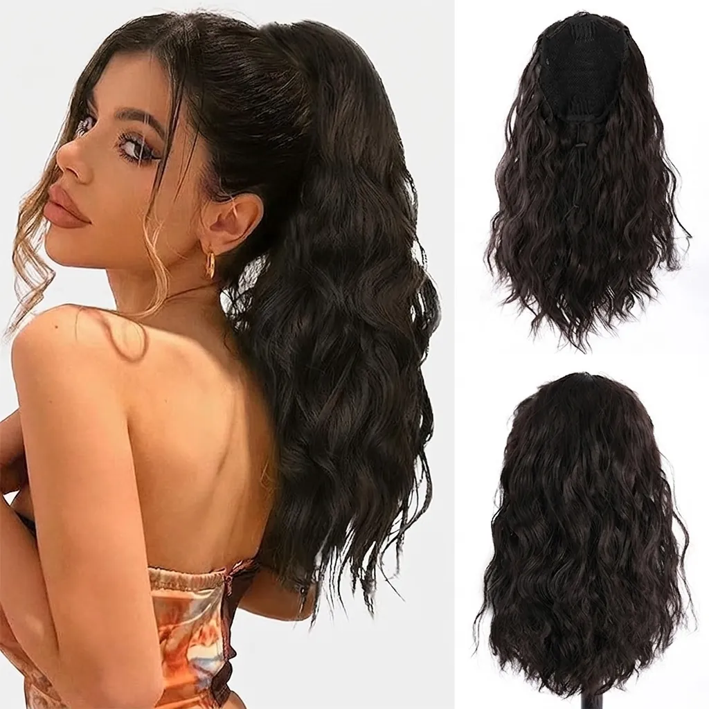 Water Wave Ponytail Extension Synthetic Heat Resistant Fiber Long Curly Drawstring Clip In Hairpiece For Women Natural